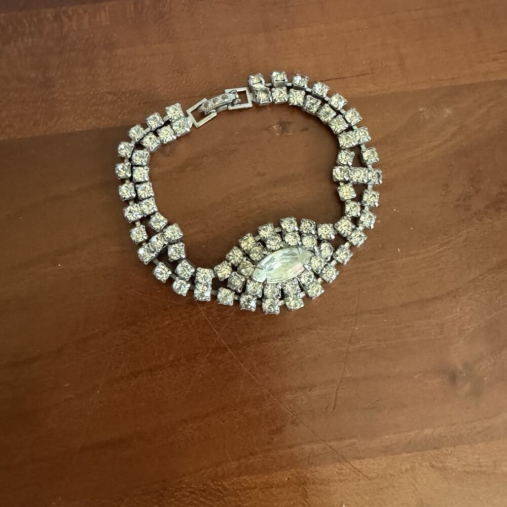 Vintage Multi-Strand Rhinestone Bracelet w/ Central Marquise Cut Stone